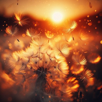 Dandelion seeds at sunset