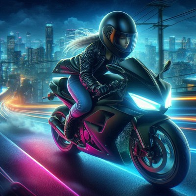 Woman riding motorcycle through neon city
