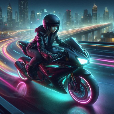 Woman riding motorcycle in neon city