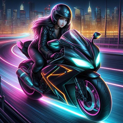 Woman riding motorcycle at night