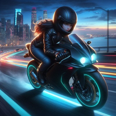 Woman riding motorcycle through city at night