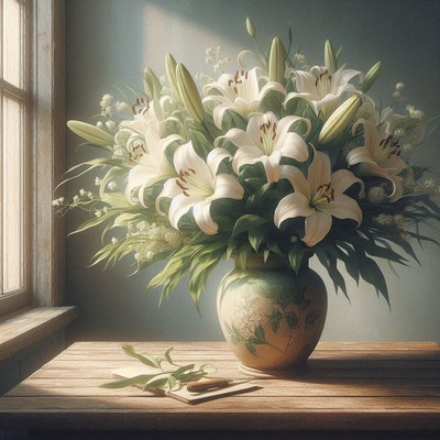 White lily bouquet in vase on table
