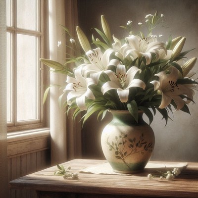 White lilies in a vase by a window