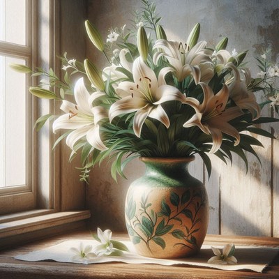 White lilies in a vase by a window