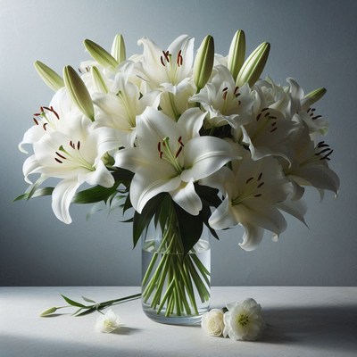 White lily bouquet in glass vase