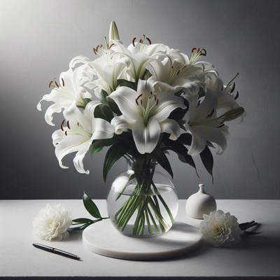 White lily bouquet in glass vase