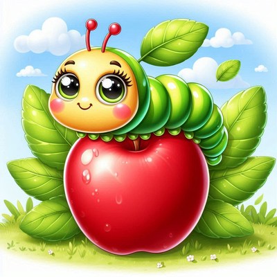 Cute cartoon caterpillar on apple