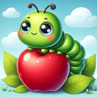 Cute cartoon caterpillar on red apple