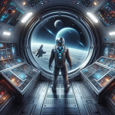 Astronaut gazing at space through spaceship window