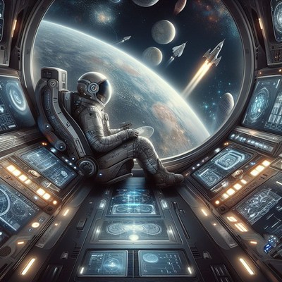 Astronaut gazing at earth from spaceship window