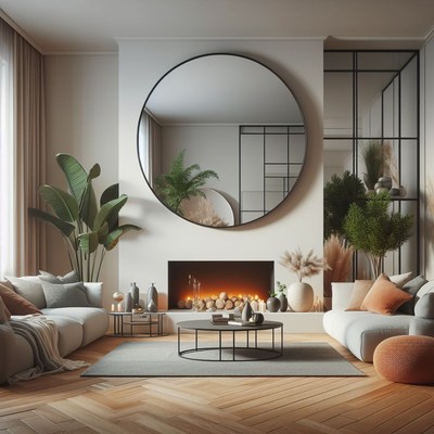Modern living room with fireplace and large mirror