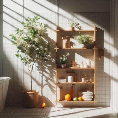 Sunny bathroom with shelving and plants