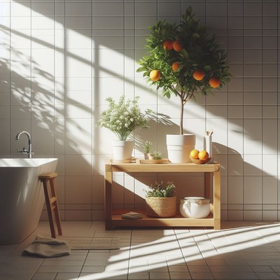 Bathroom with orange tree and sunlight