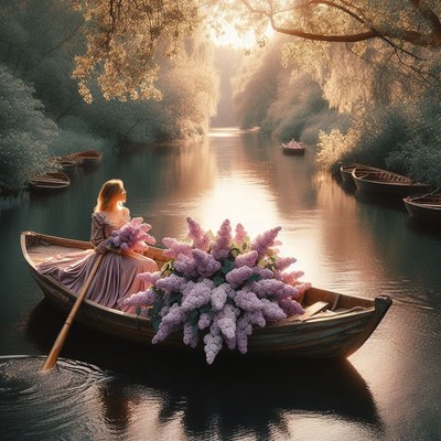 Woman rowing through forest river with lilacs