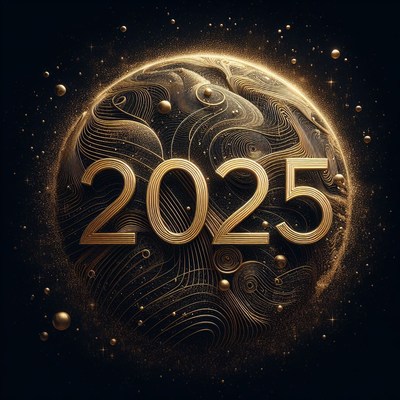 Golden 2025 globe on black background