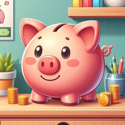 Pink piggy bank on desk with coins