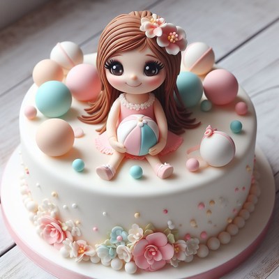 Girl with beach ball birthday cake