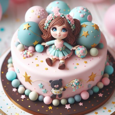 Girl doll birthday cake with balloons