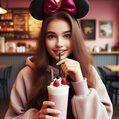 Woman drinking strawberry smoothie in cafe