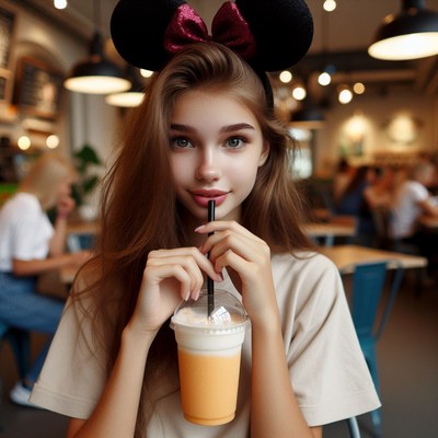 Woman with mouse ears drinking in cafe