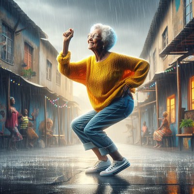Elderly woman dancing in the rain