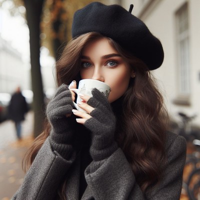 Woman in beret drinks coffee