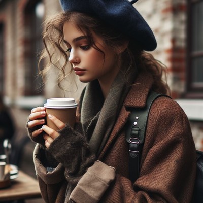 Woman in beret enjoying coffee on street