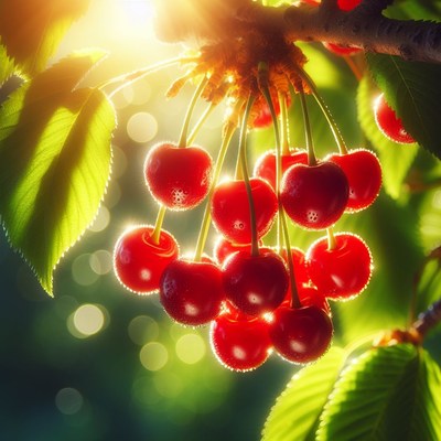 Ripe cherries hanging in sunlight