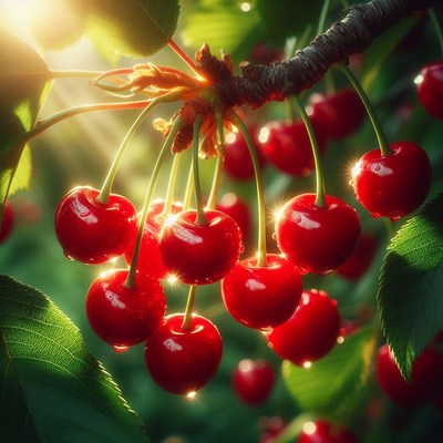 Ripe cherries glowing in sunlight