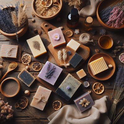 Handmade soaps on wooden table