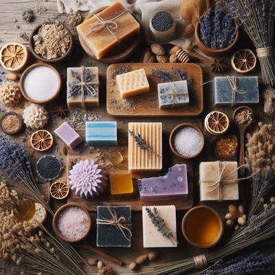 Handmade soaps and ingredients on wooden table