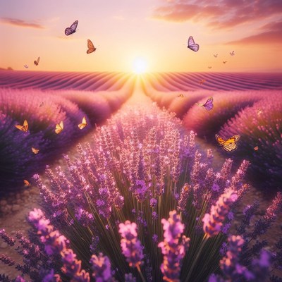 Butterflies over lavender field at sunset