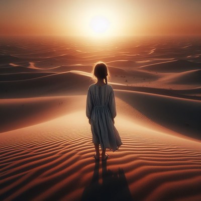 Girl facing sunset in desert