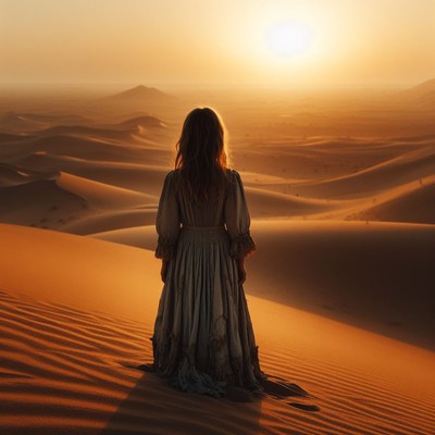 Woman in desert at sunset