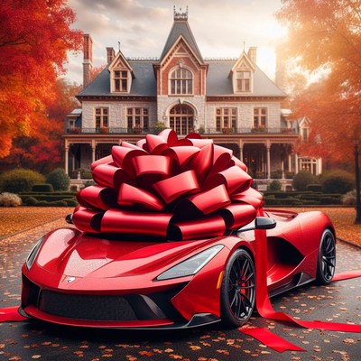 Red sports car with bow in front of house