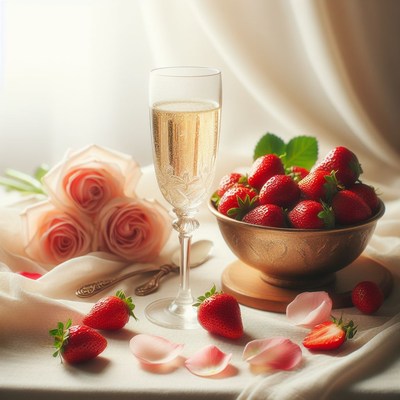 Champagne and strawberries with roses