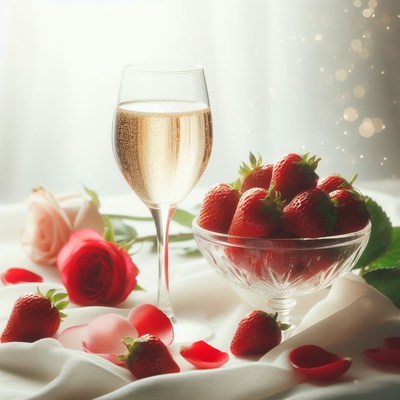 Romantic table setting with champagne and strawberries