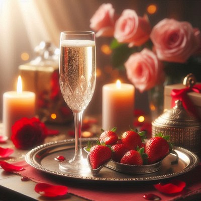 Romantic evening with champagne and strawberries