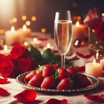Romantic dinner with champagne and strawberries