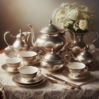 Silver tea set with flowers on table