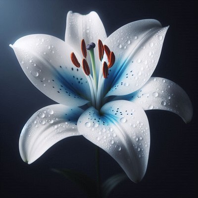 White lily with blue markings and water drops