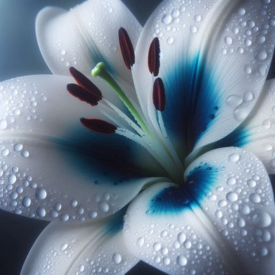 White lily with blue center and dewdrops