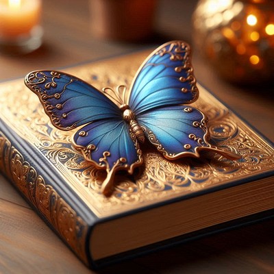 Blue butterfly on ornate book