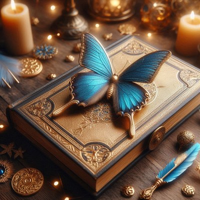 Blue butterfly on antique book