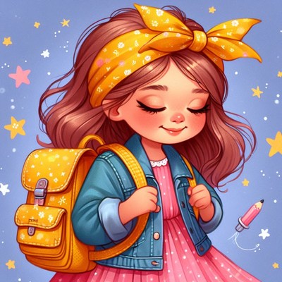 Girl with yellow backpack and bow