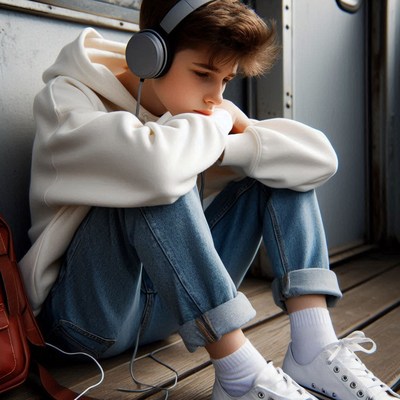 Teenager listening to music on train platform