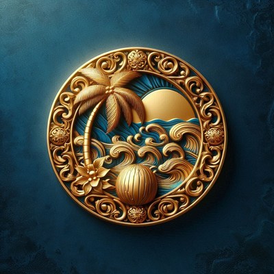 Golden palm tree and ocean relief