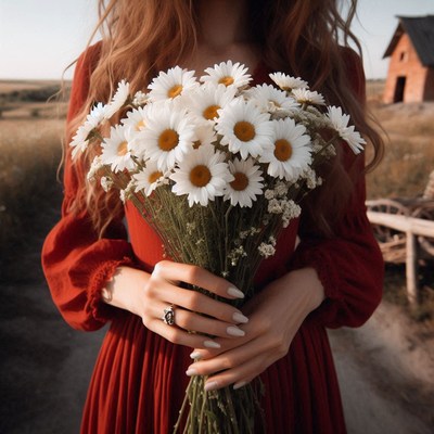 Woman holding daisies in red dress