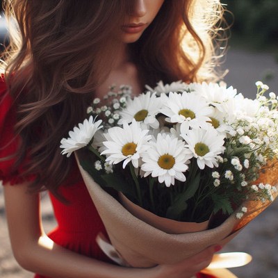 Woman holding daisies in red dress