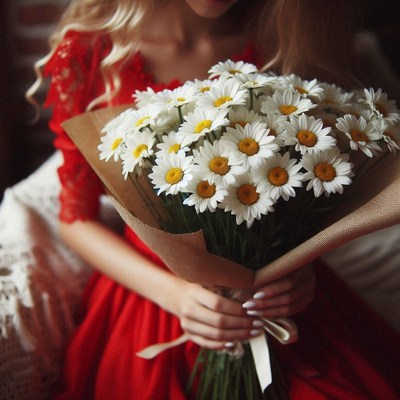 Woman holding daisies in red dress